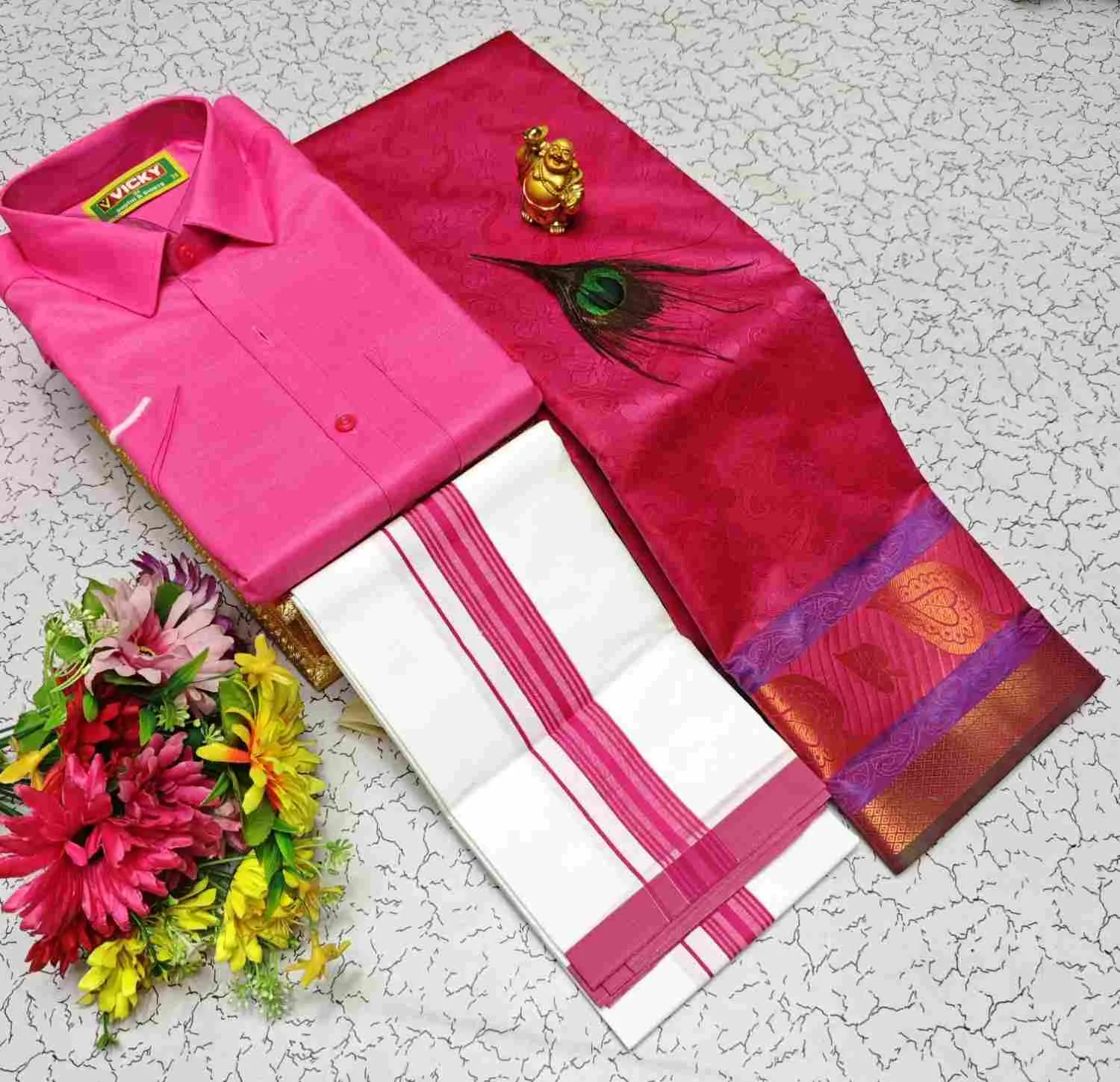 Rani Pink Contrast 3D Embossed Karizma Silk Couple Combo